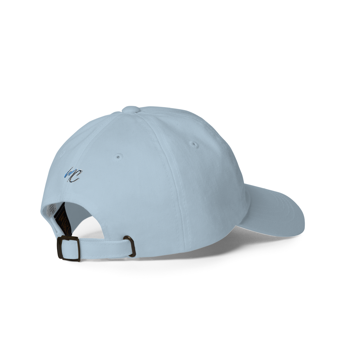Right-back product view of the light blue THC Helps Me Live dad hat showing its adjustable strap.