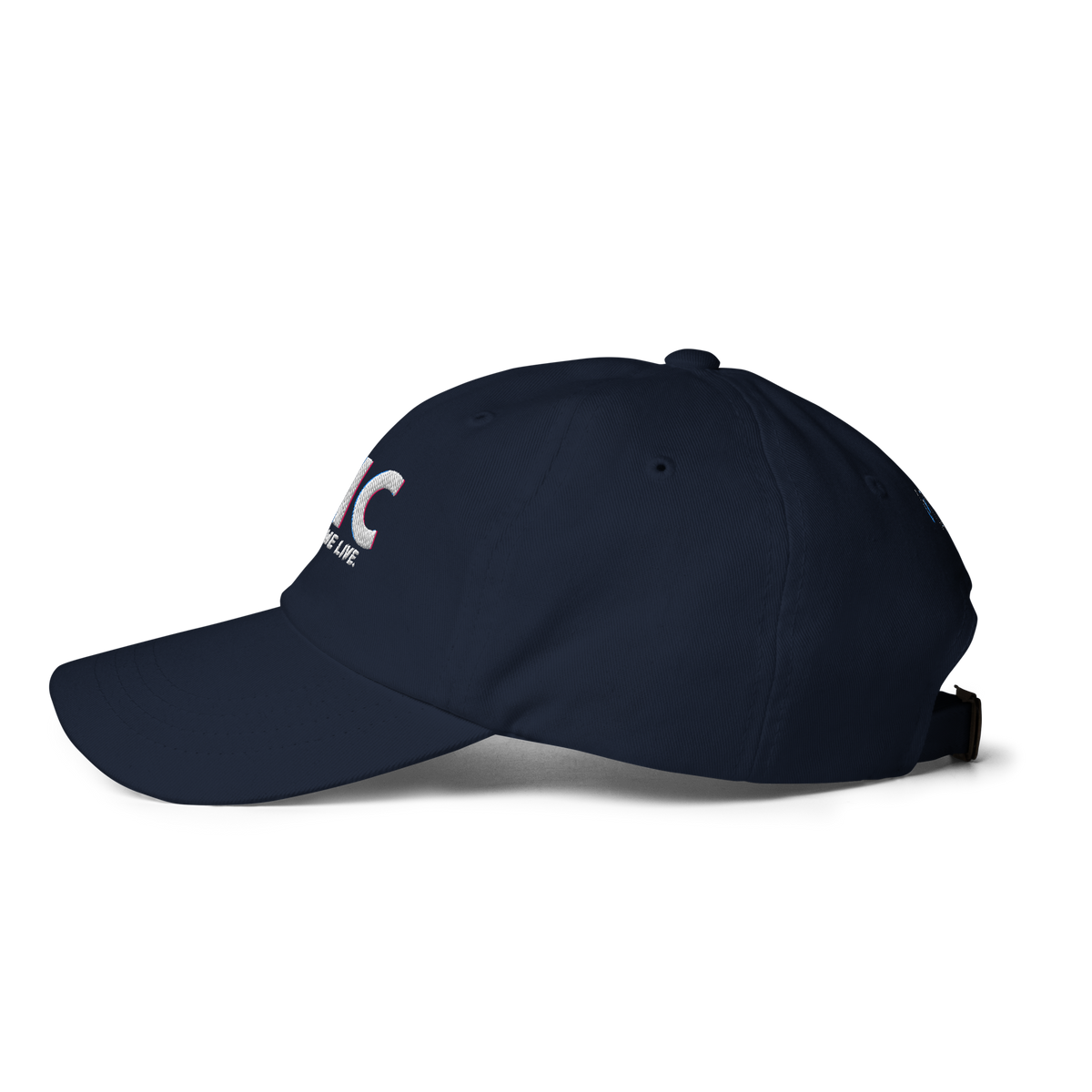 Left-side product view of the navy THC Helps Me Live dad hat with a relaxed low-profile shape.