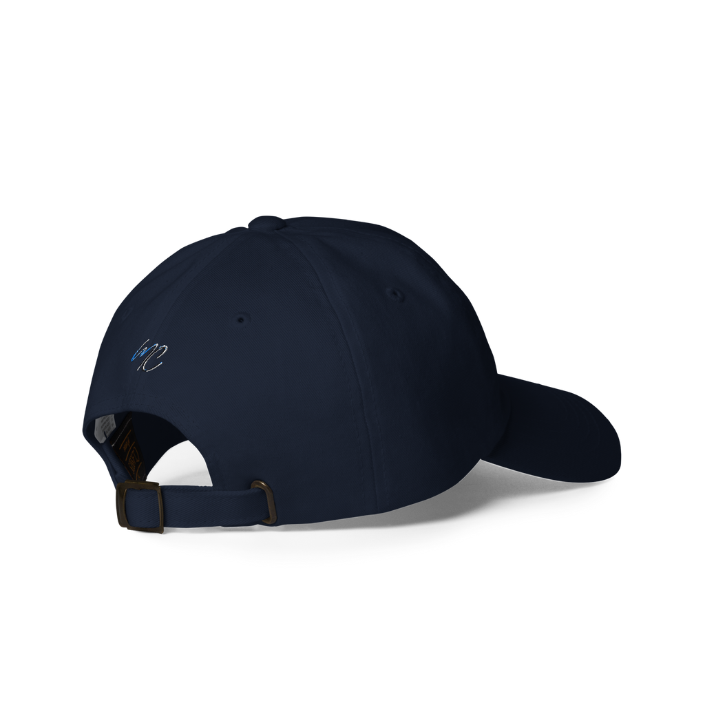 Right-back product view of the navy THC Helps Me Live dad hat showing the adjustable metal-buckle strap.