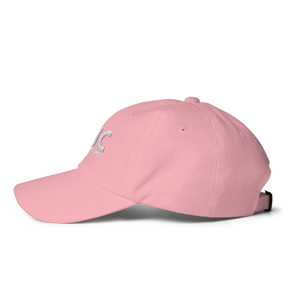 Left-side product view of the soft pink THC Helps Me Live dad hat with a curved visor and relaxed crown.