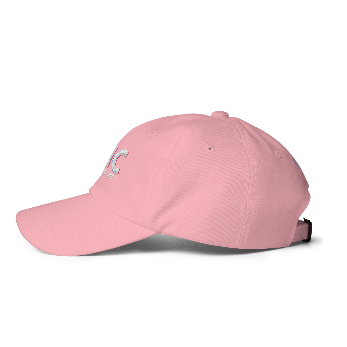 Left-side product view of the soft pink THC Helps Me Live dad hat with a curved visor and relaxed crown.