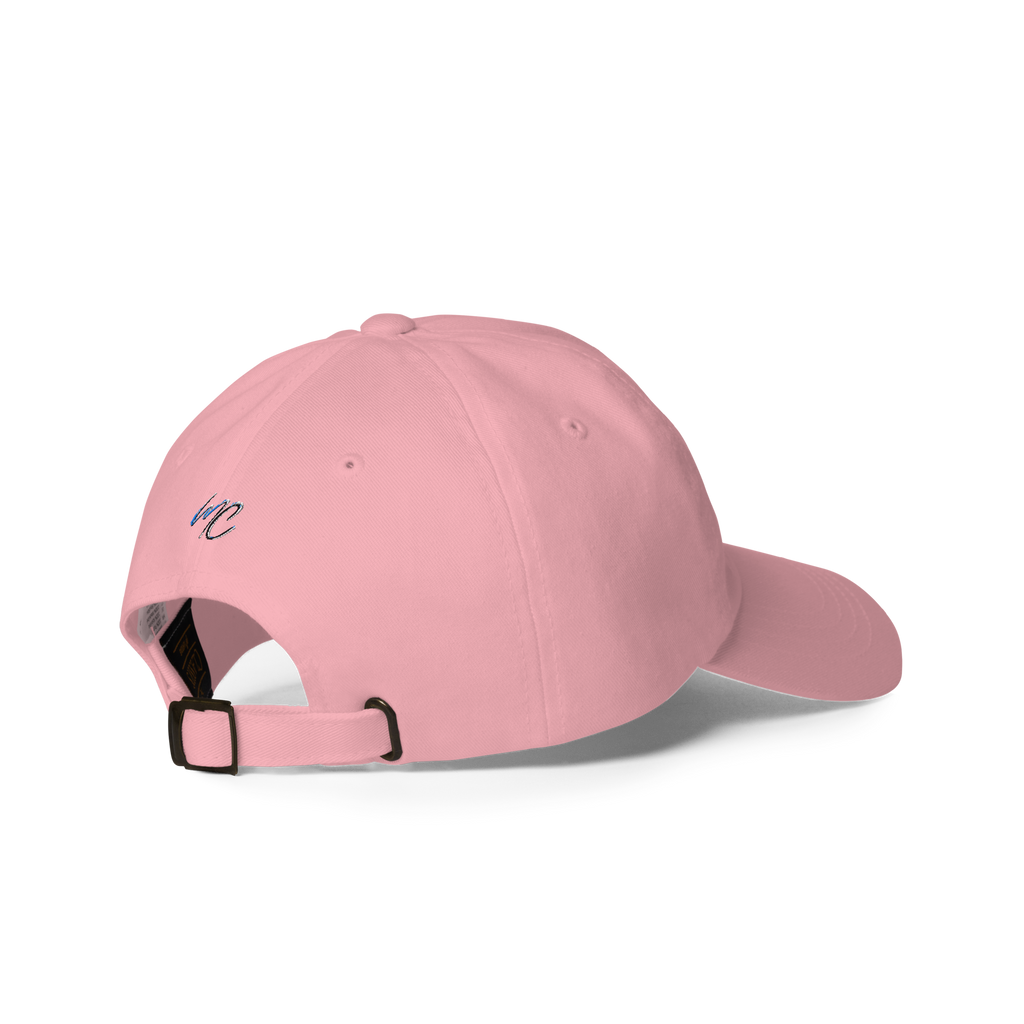 Right-back product view of the pink THC Helps Me Live dad hat showing the adjustable buckle strap.
