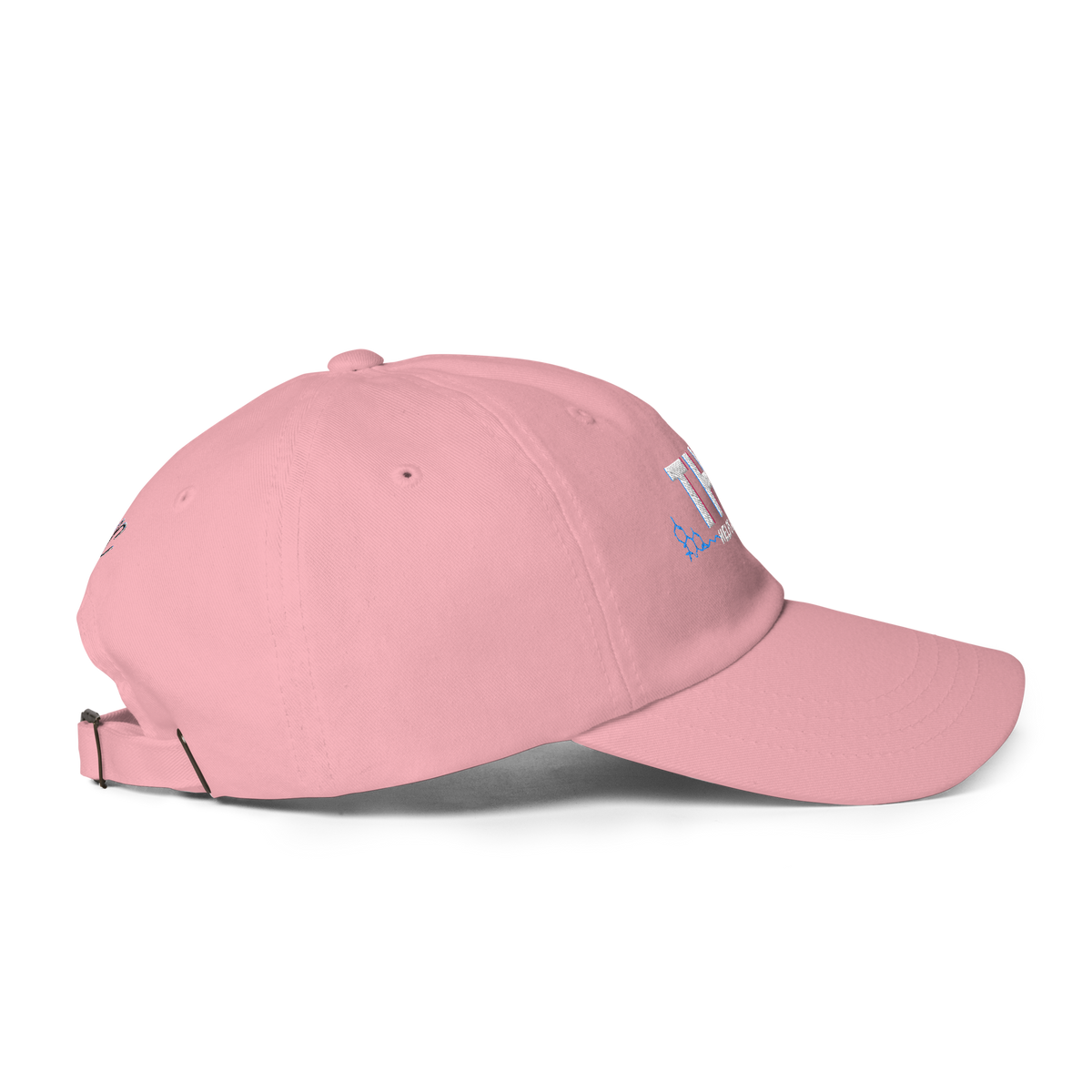 Right-side product view of the pink THC Helps Me Live cotton twill dad hat by Mandi Cruz Media.