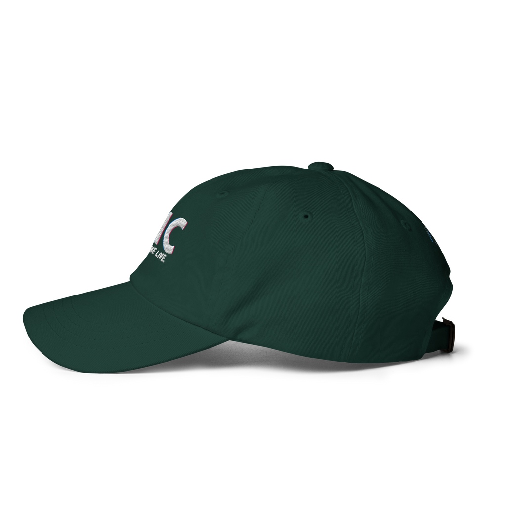 Left-side product view of the spruce green THC Helps Me Live dad hat with an unstructured crown.