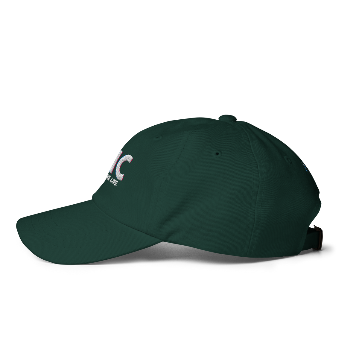 Left-side product view of the spruce green THC Helps Me Live dad hat with an unstructured crown.