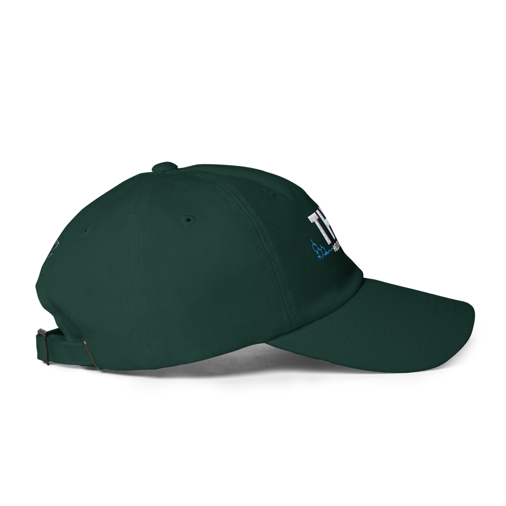 Right-side product view of the spruce THC Helps Me Live cotton twill dad hat with a curved visor