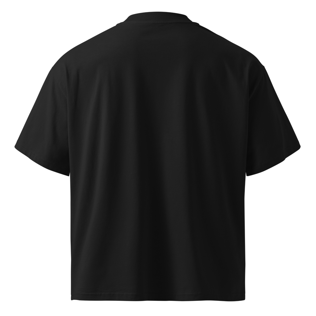 Back product view of the black unisex organic oversized T-shirt showing its long, relaxed streetwear fit.