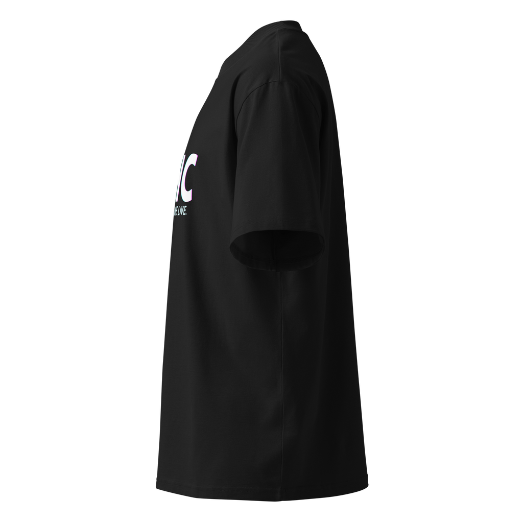 Left-side product view of the black THC Helps Me Live organic T-shirt showing its wide sleeve and boxy fit.