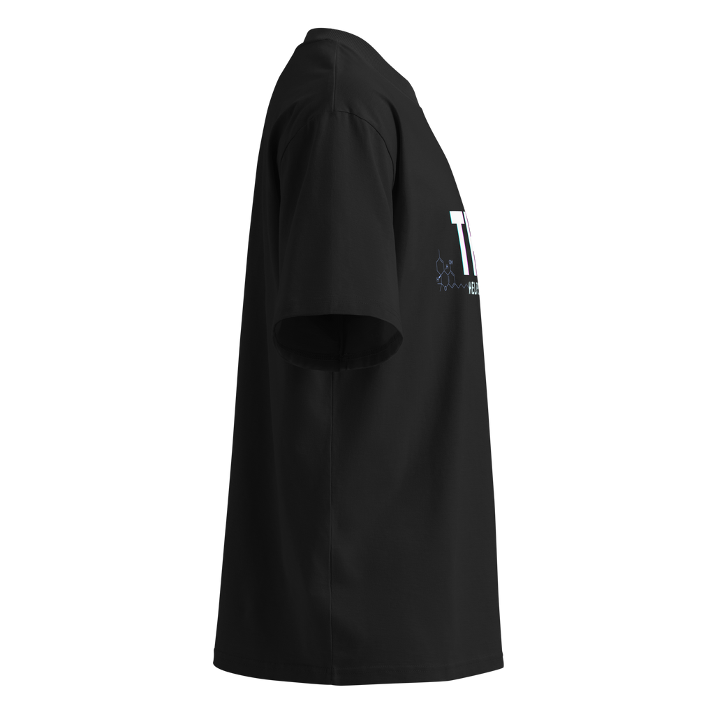 Right-side product view of the black THC Helps Me Live oversized tee with a high collar and dropped shoulder.