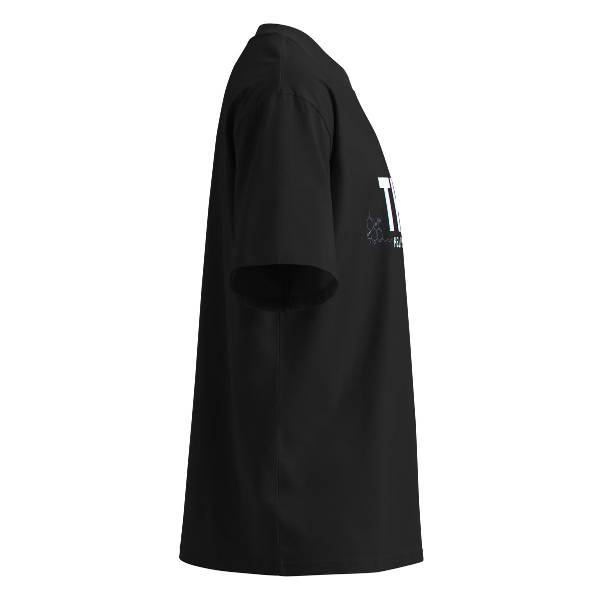 Right-side product view of the black THC Helps Me Live oversized tee with a high collar and dropped shoulder.