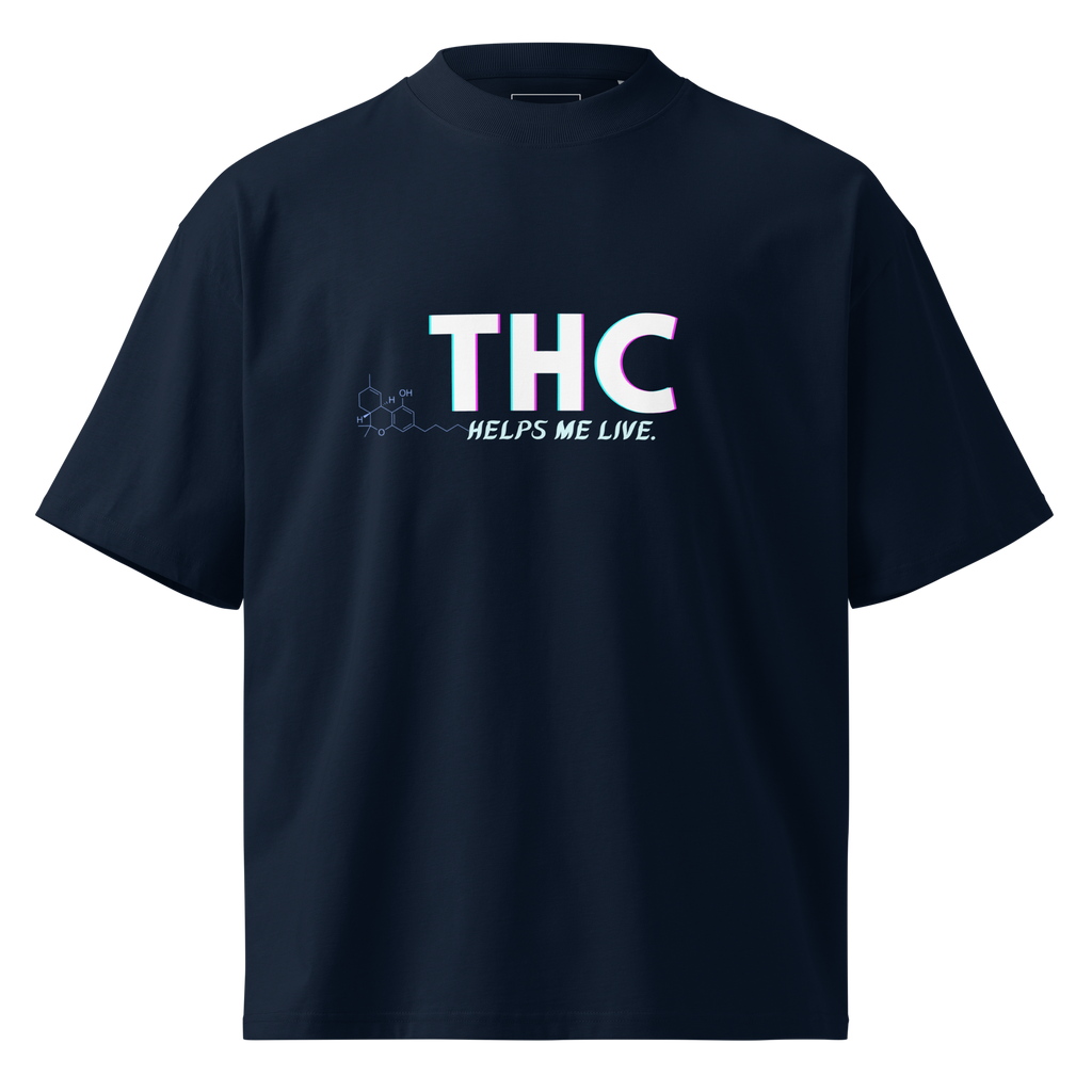 Front product view of the French navy THC Helps Me Live oversized organic high-neck T-shirt by Mandi Cruz Media.