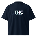 Front product view of the French navy THC Helps Me Live oversized organic high-neck T-shirt by Mandi Cruz Media.