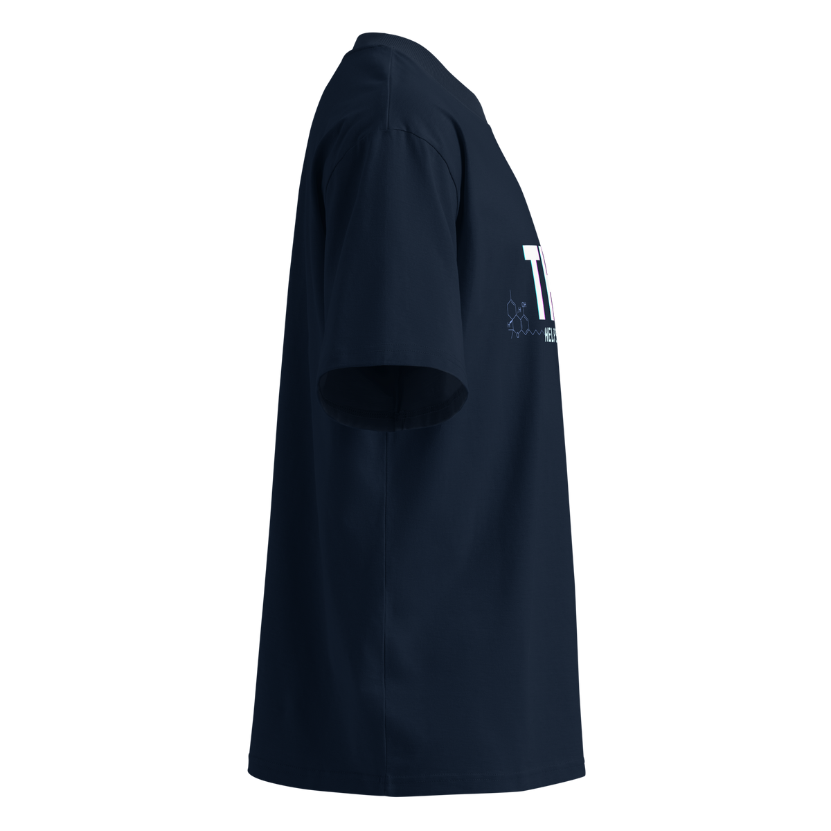 Right-side product view of the French navy THC Helps Me Live oversized tee with dropped shoulders and wide sleeves.