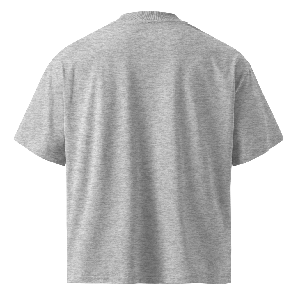 Back product view of the heather grey unisex organic oversized T-shirt showing its relaxed silhouette.