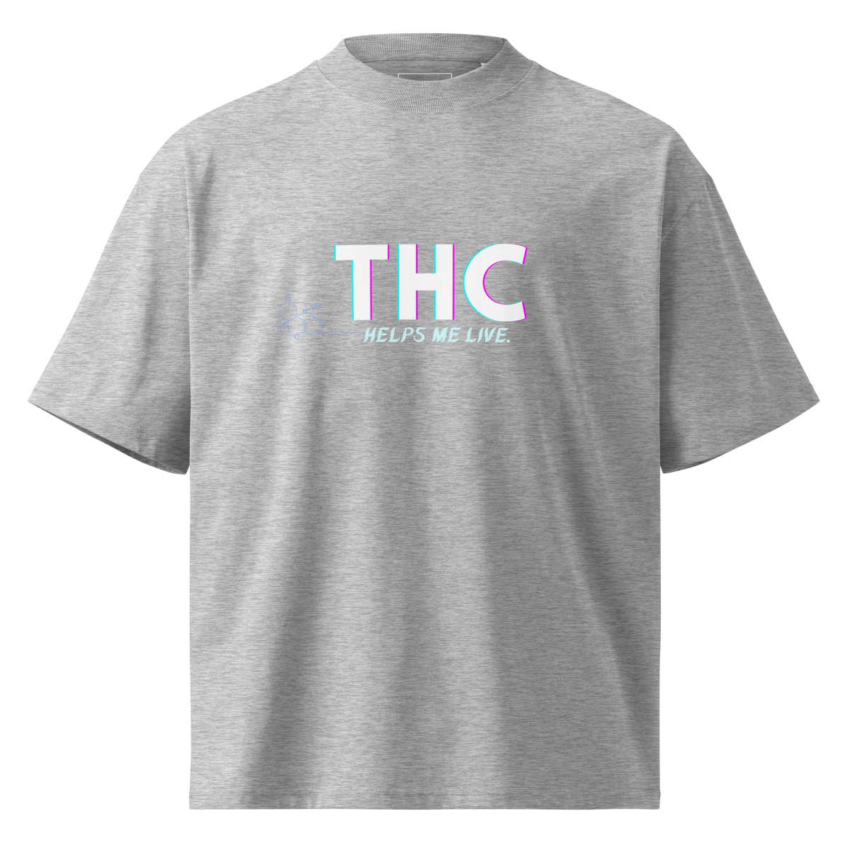 Front product view of the heather grey THC Helps Me Live oversized organic high-neck T-shirt by Mandi Cruz Media.