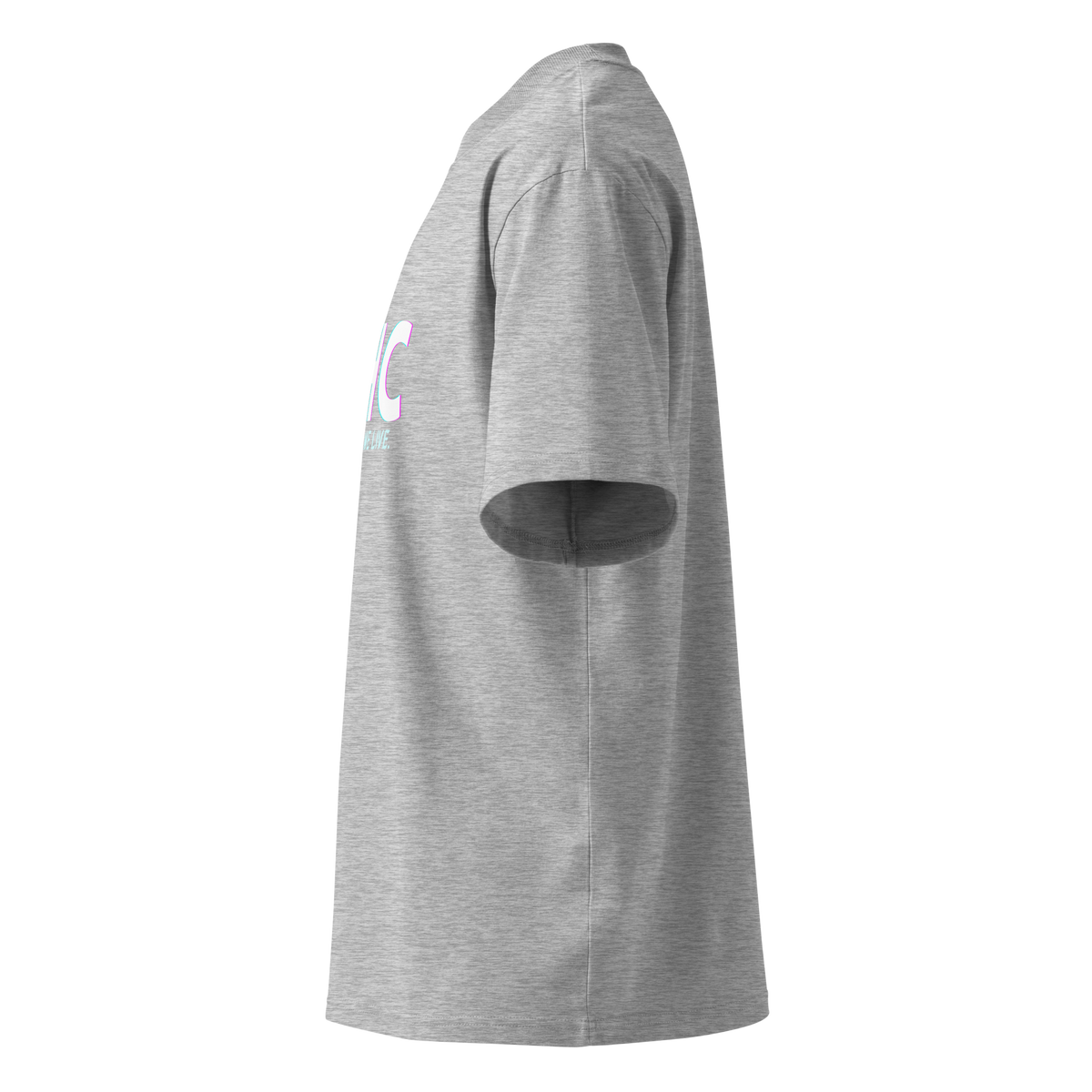 Left-side product view of the heather grey THC Helps Me Live organic high-neck T-shirt with a boxy fit.