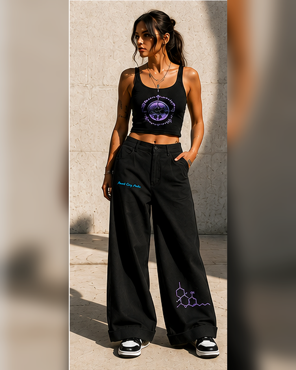 Woman modeling black THC Molecule TENCEL™ Wide-Leg Trousers with a black crop top against a light stone wall.