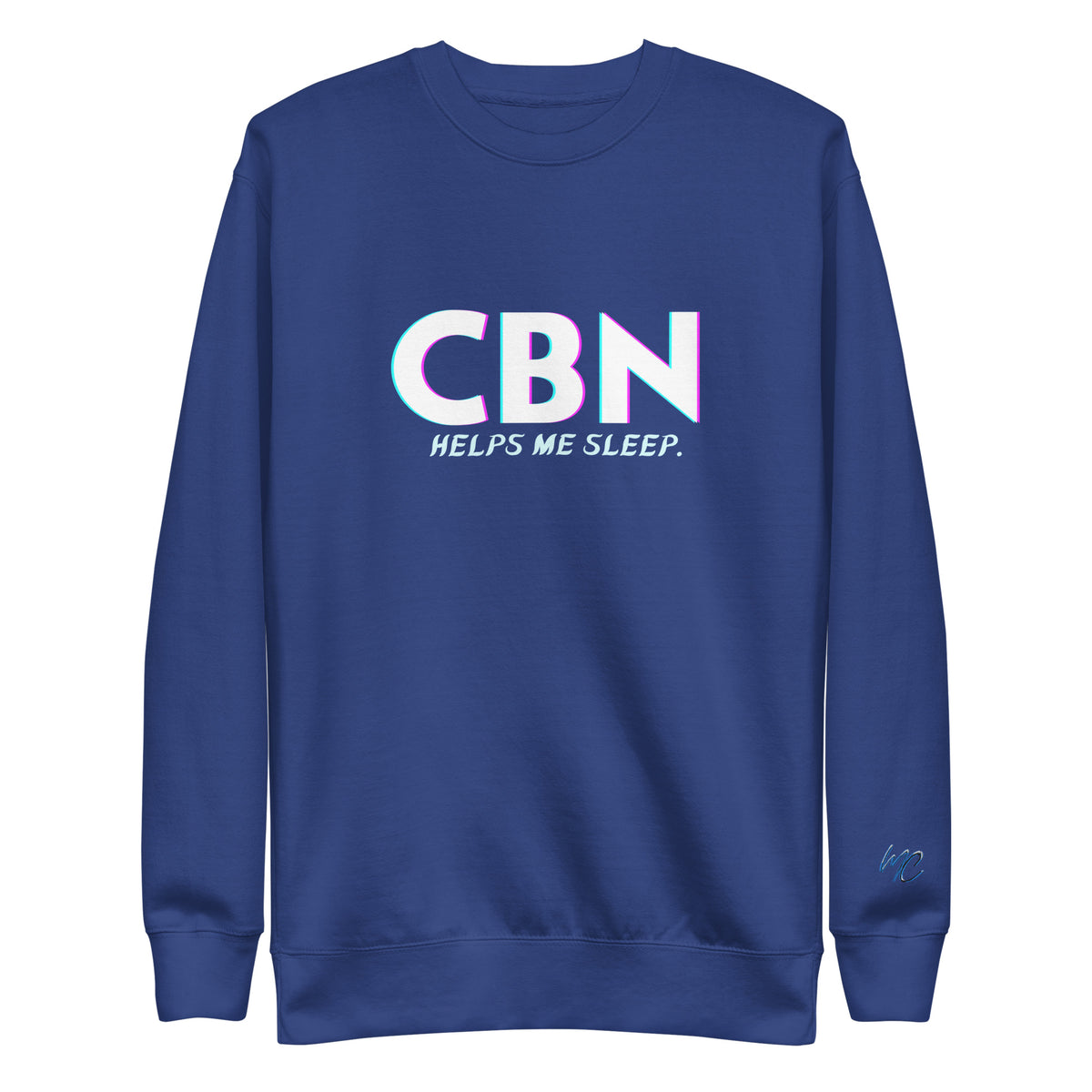 Front view of the team royal CBN Helps Me Sleep premium sweatshirt with chest artwork and a blue MC logo on the left sleeve.