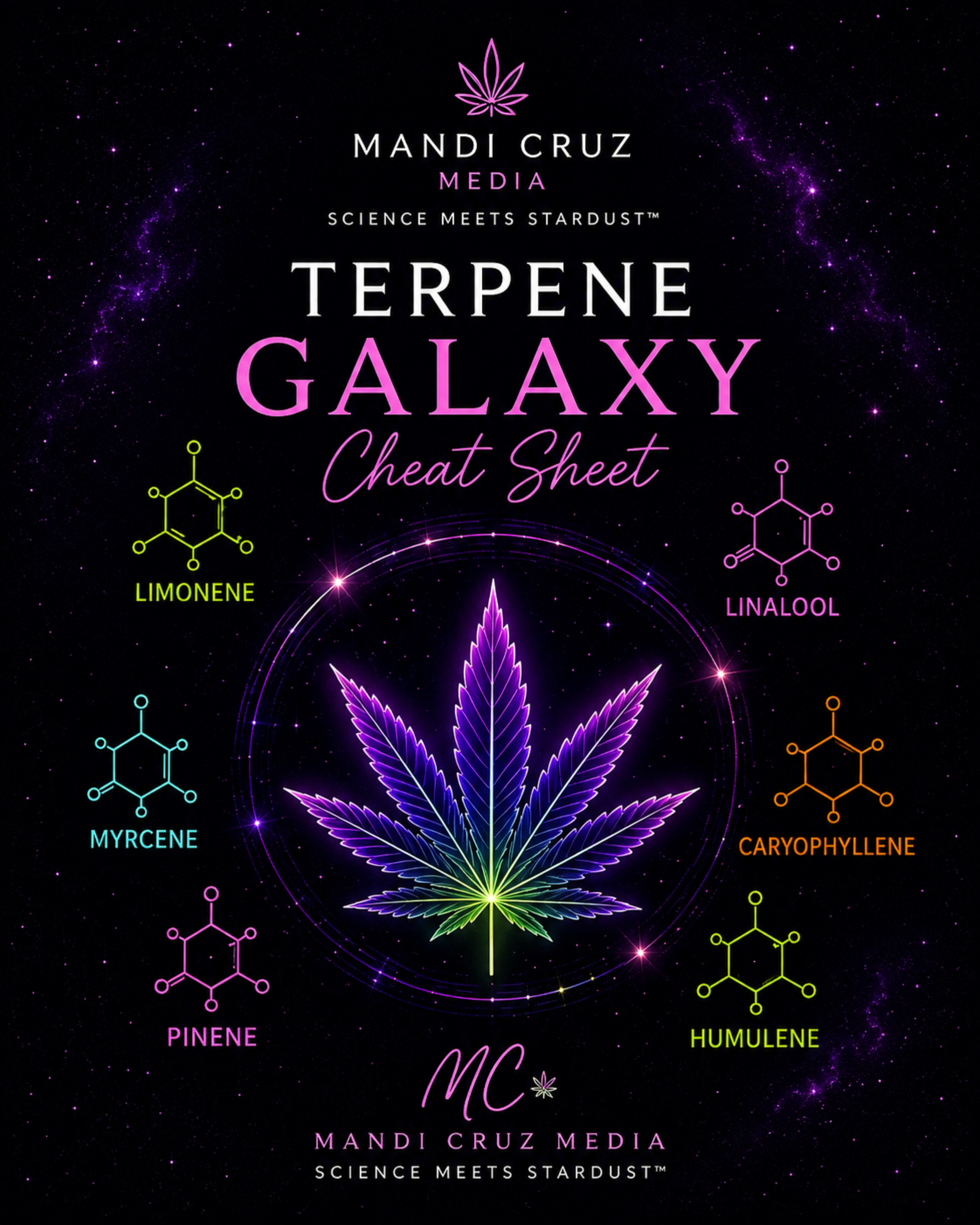 Terpene Galaxy Cheat Sheet cover featuring a glowing multicolored cannabis leaf surrounded by molecular graphics for limonene, linalool, myrcene, caryophyllene, pinene, and humulene.