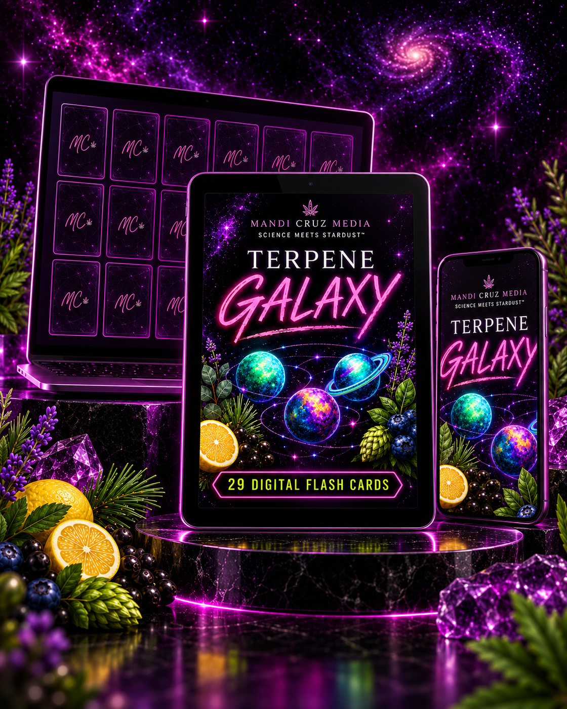 The Complete Terpene Galaxy™ flash cards displayed on a laptop, tablet and phone with botanical and cosmic Mandi Cruz Media styling.