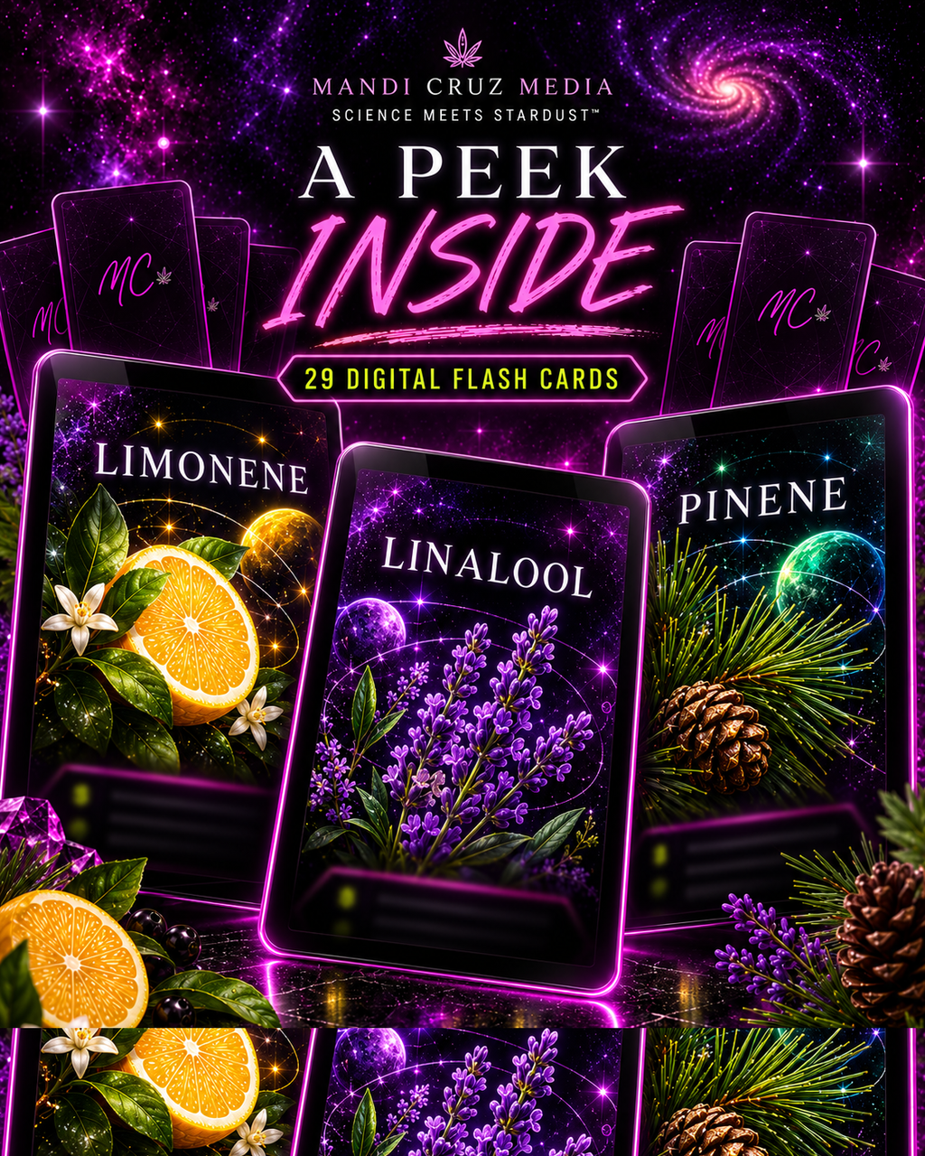 Preview of Terpene Galaxy™ flash cards featuring limonene, linalool and pinene with citrus, lavender and pine imagery against a cosmic background.