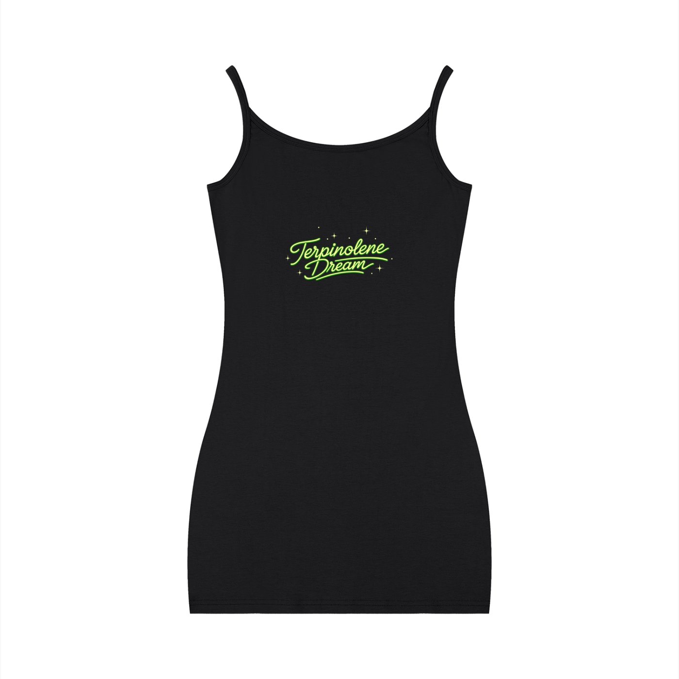 Black Terpinolene Dream strappy mini dress shown from the front with bright green script lettering and subtle celestial star accents across the chest.