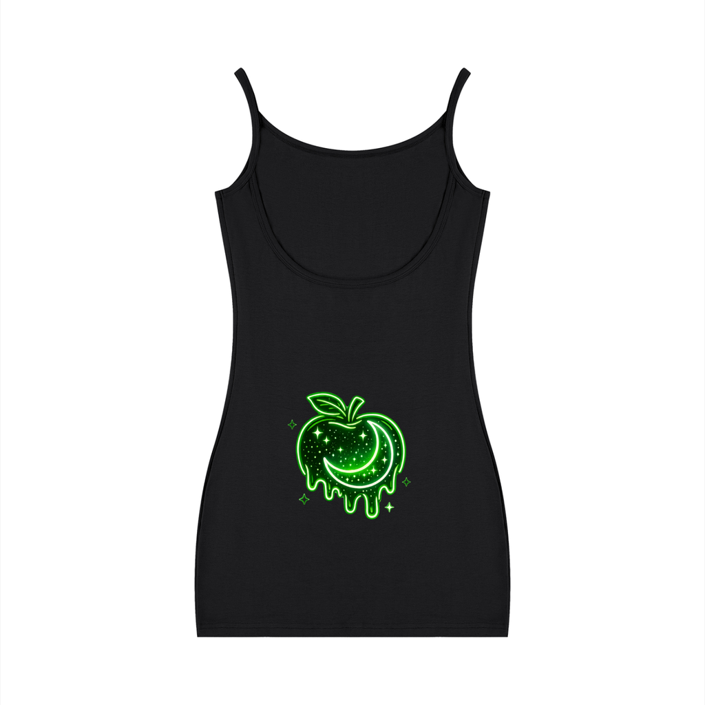 Black Terpinolene Dream strappy mini dress shown from the back with a neon green celestial fruit graphic featuring a crescent moon, stars, and dripping details.