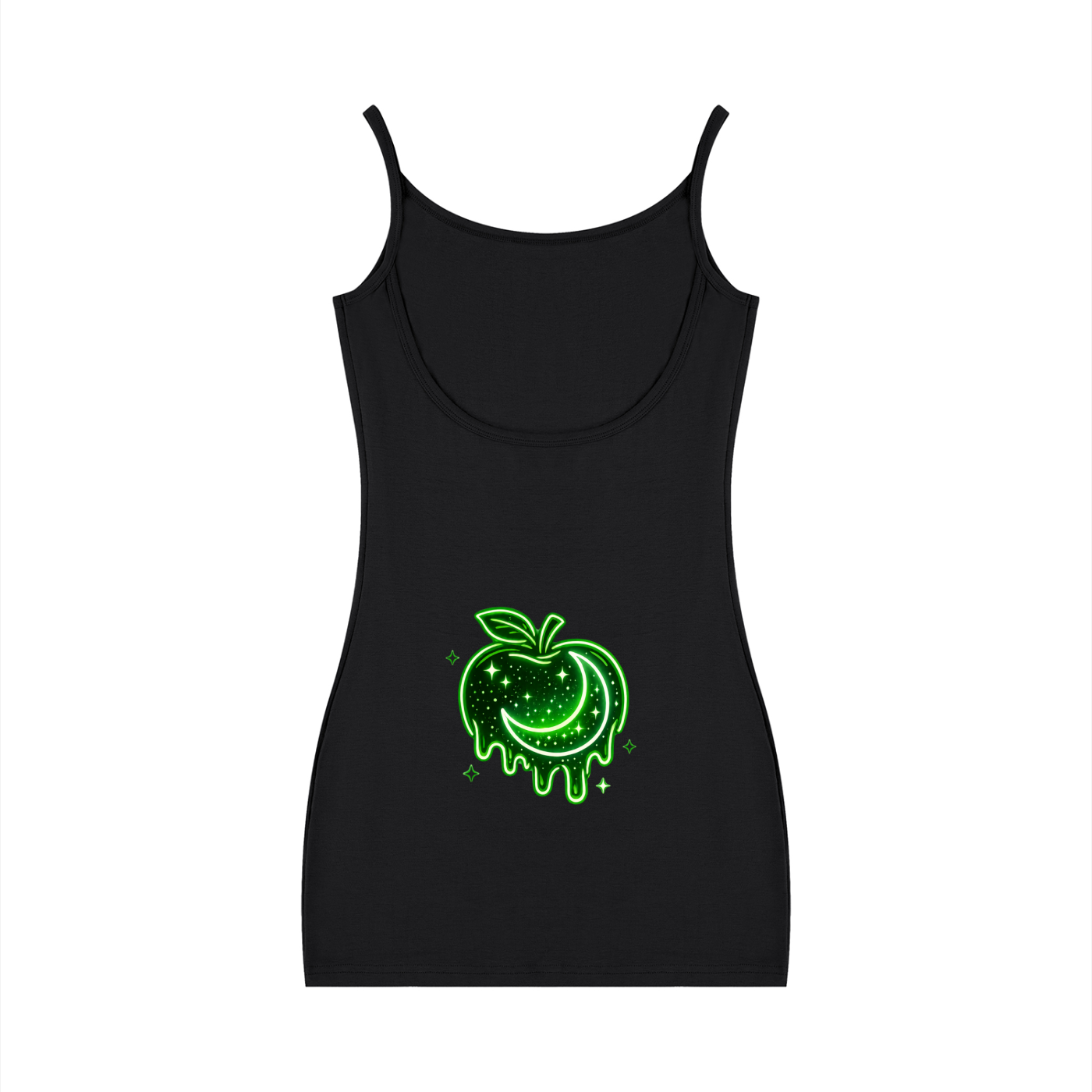 Black Terpinolene Dream strappy mini dress shown from the back with a neon green celestial fruit graphic featuring a crescent moon, stars, and dripping details.
