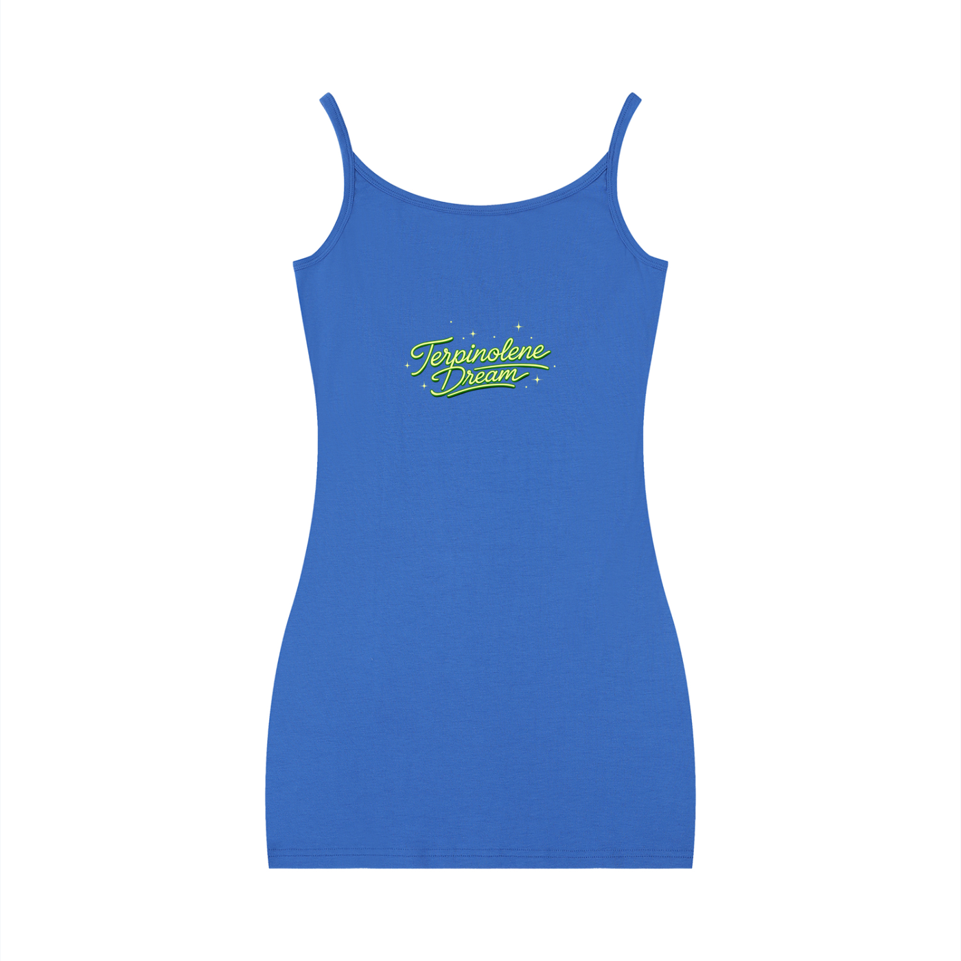 Blue Terpinolene Dream strappy mini dress shown from the front with bright green script lettering and subtle celestial star accents across the chest.