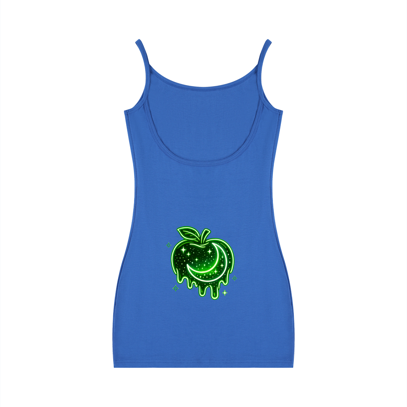 Blue Terpinolene Dream strappy mini dress shown from the back with a neon green celestial fruit graphic featuring a crescent moon, stars, and dripping details.