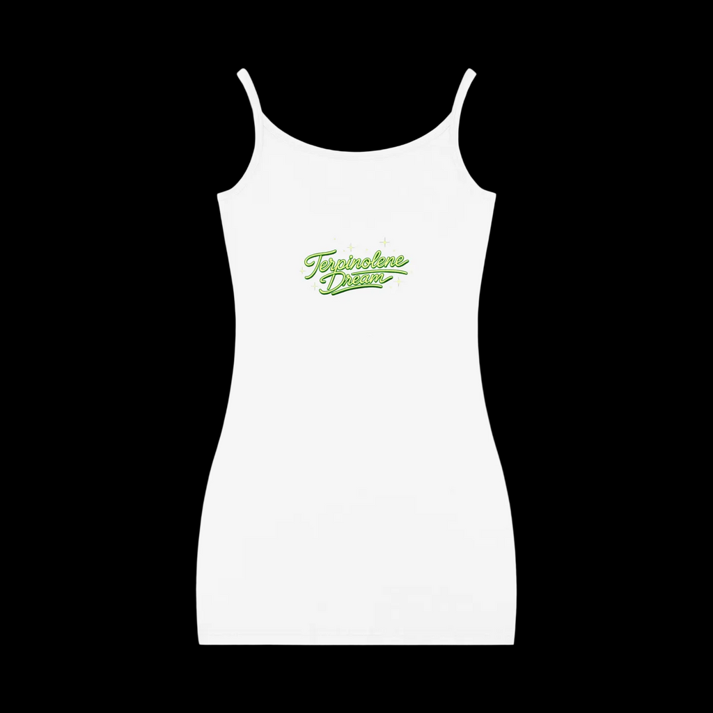 White Terpinolene Dream strappy mini dress shown from the front with green script lettering and subtle celestial star accents across the chest.