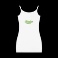 White Terpinolene Dream strappy mini dress shown from the front with green script lettering and subtle celestial star accents across the chest.