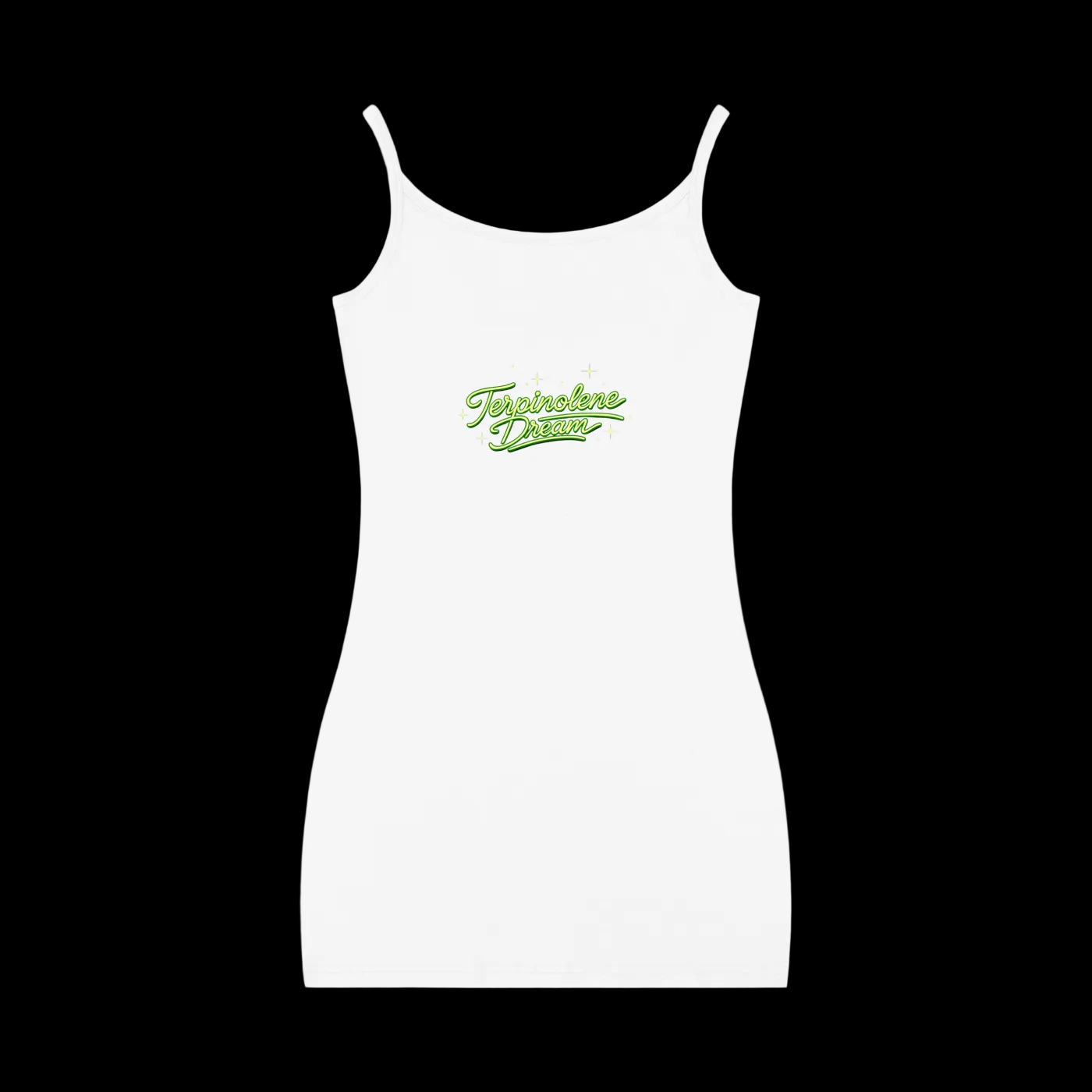 White Terpinolene Dream strappy mini dress shown from the front with green script lettering and subtle celestial star accents across the chest.