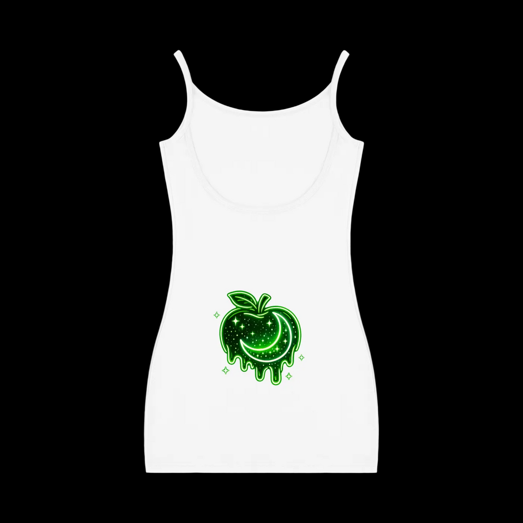 White Terpinolene Dream strappy mini dress shown from the back with a neon green celestial fruit graphic featuring a crescent moon, stars, and dripping details.