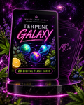 Tablet displaying The Complete Terpene Galaxy™ 29-card printable digital flash-card cover beside a stack of Mandi Cruz Media card backs.