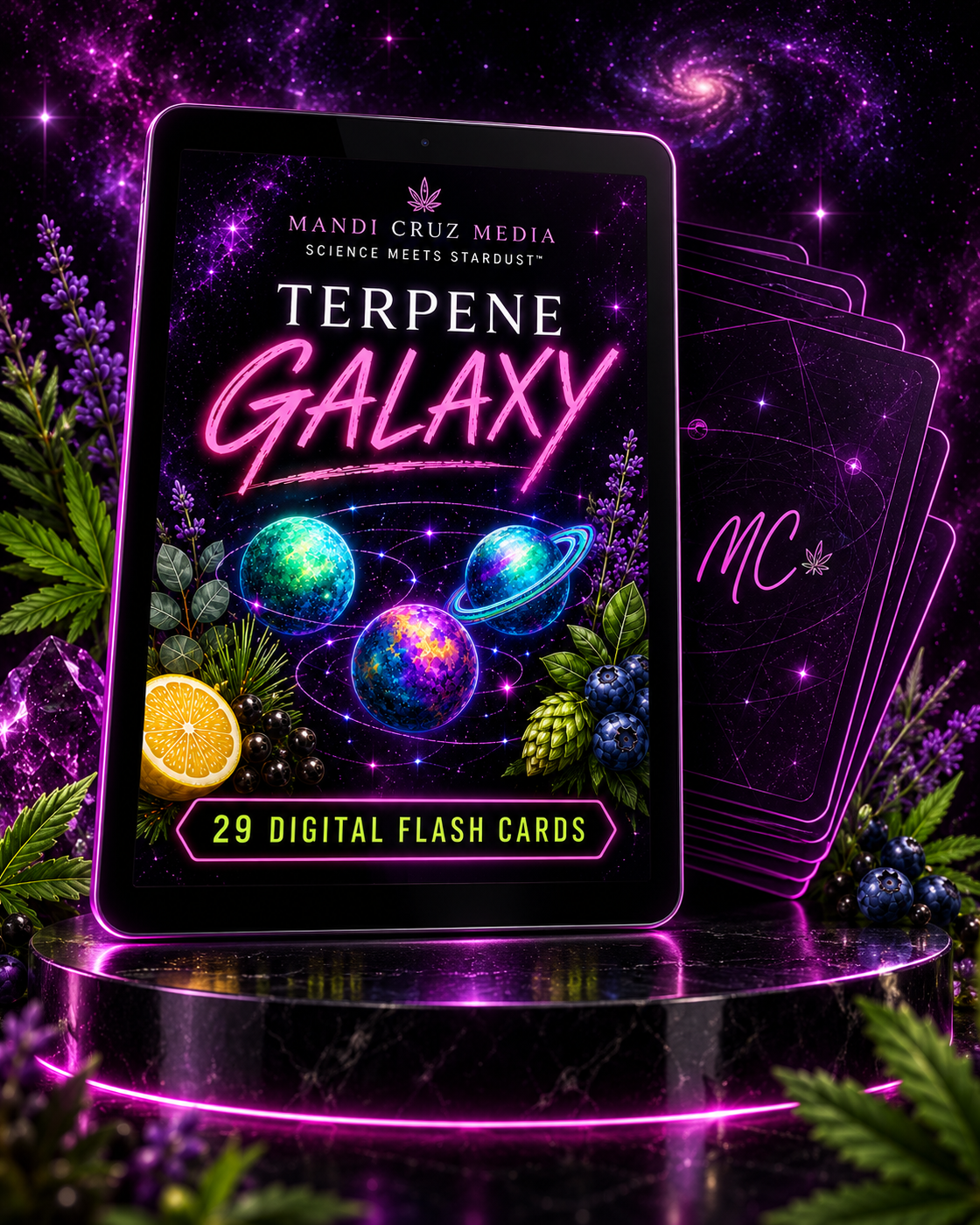 Tablet displaying The Complete Terpene Galaxy™ 29-card printable digital flash-card cover beside a stack of Mandi Cruz Media card backs.