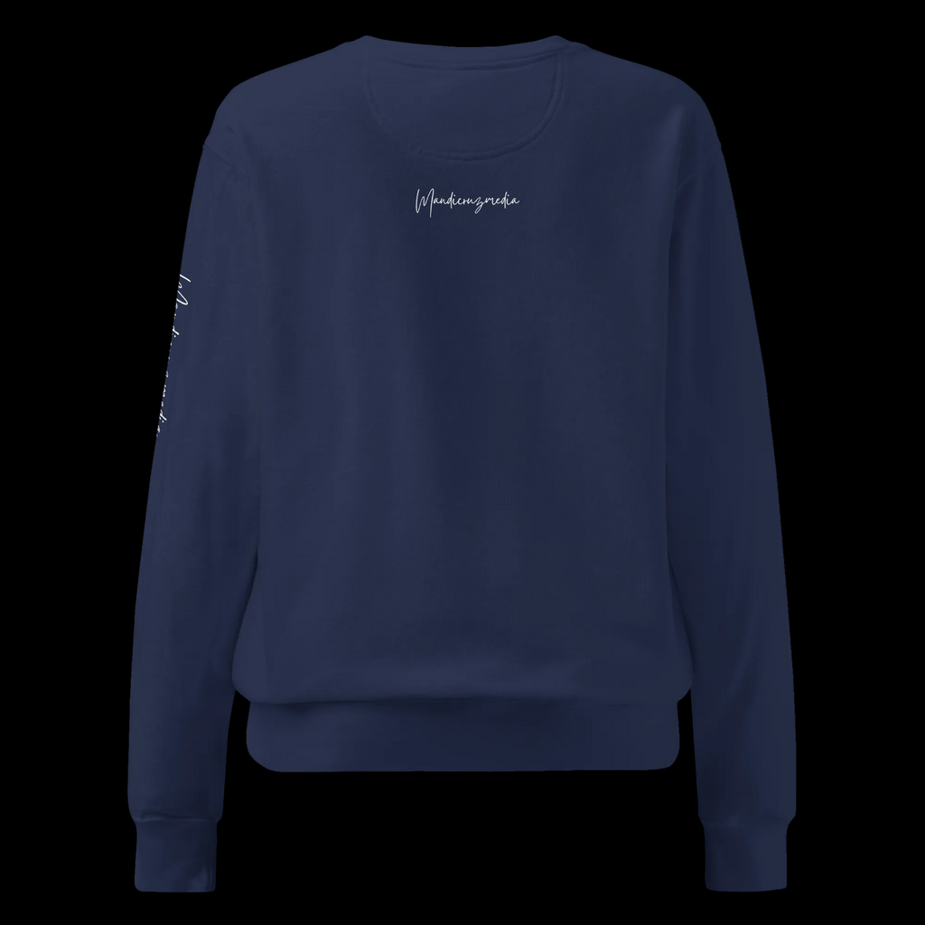 Back view of the True Navy Butterfly Lungs unisex sweatshirt featuring the small white Mandi Cruz Media signature below the neckline.