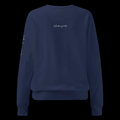 Back view of the True Navy Butterfly Lungs unisex sweatshirt featuring the small white Mandi Cruz Media signature below the neckline.