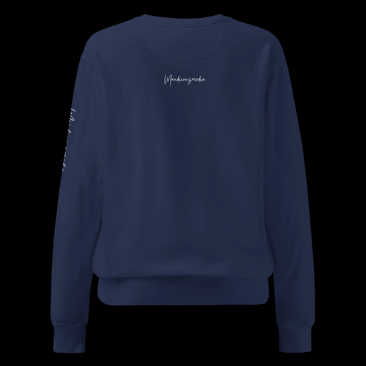 Back view of the True Navy Butterfly Lungs unisex sweatshirt featuring the small white Mandi Cruz Media signature below the neckline.