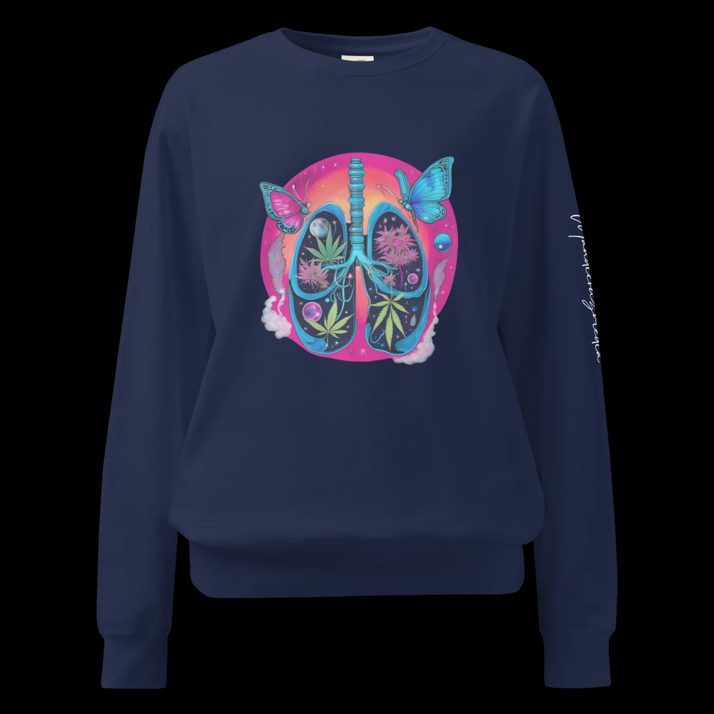 Front view of the True Navy Butterfly Lungs unisex sweatshirt featuring the signature Mandi Cruz Media chest artwork.