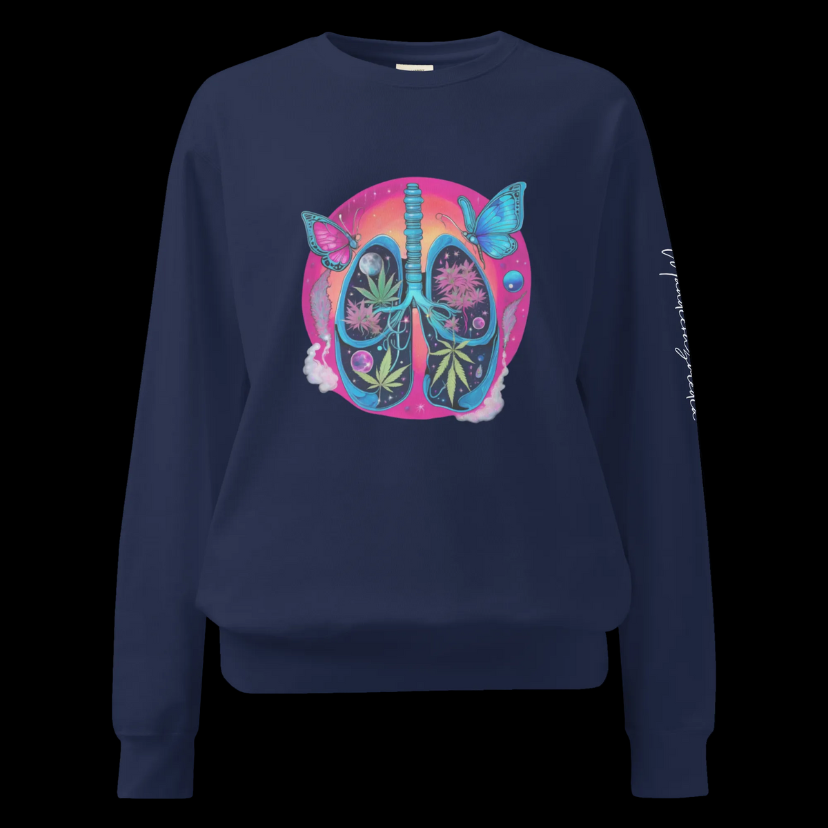 Front view of the True Navy Butterfly Lungs unisex sweatshirt featuring the signature Mandi Cruz Media chest artwork.
