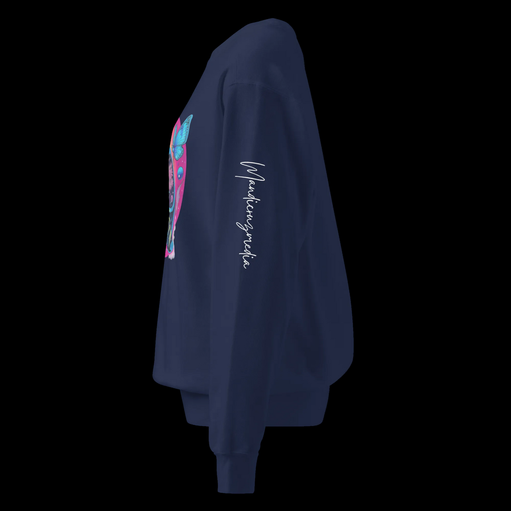 Left-side view of the True Navy Butterfly Lungs sweatshirt showing the white Mandi Cruz Media signature along the sleeve.