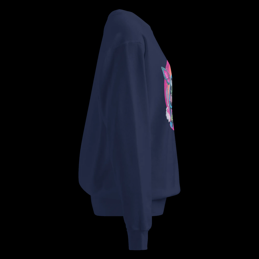 Right-side view of the True Navy Butterfly Lungs unisex sweatshirt showing its relaxed fit and partial front