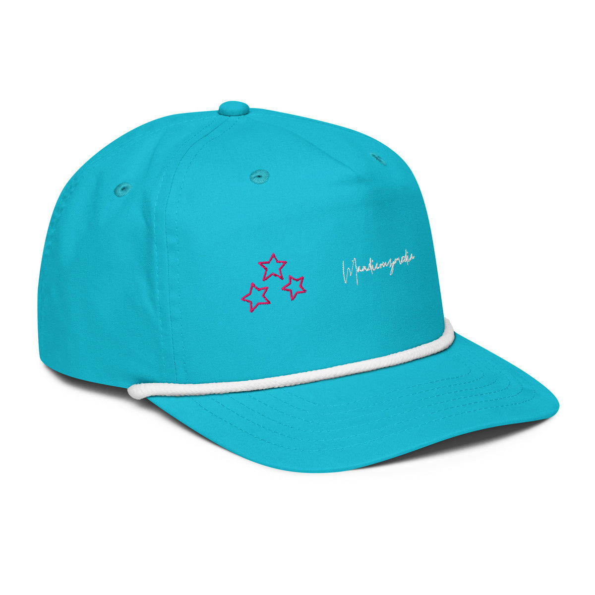 Right-front angle of the turquoise golf rope cap showing white rope trim, embroidered stars and Mandi Cruz Media script.