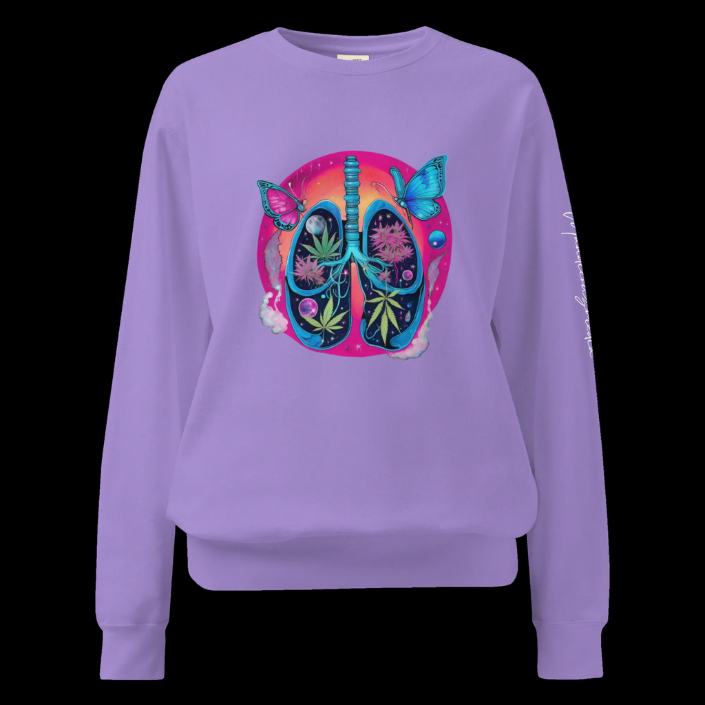Front view of the Violet Butterfly Lungs unisex sweatshirt with colorful anatomical lungs and celestial butterfly artwork.