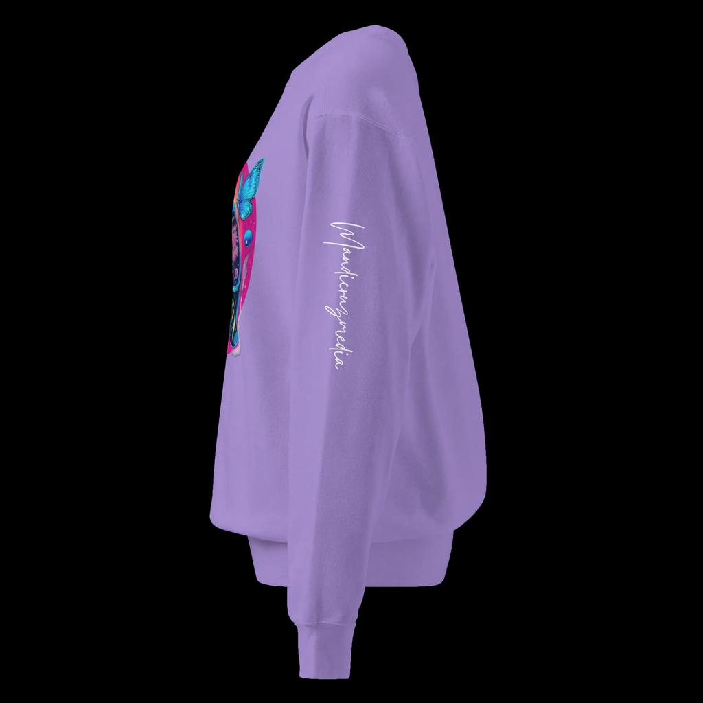 Left-side view of the Violet Butterfly Lungs sweatshirt with the white Mandi Cruz Media signature printed on the sleeve.
