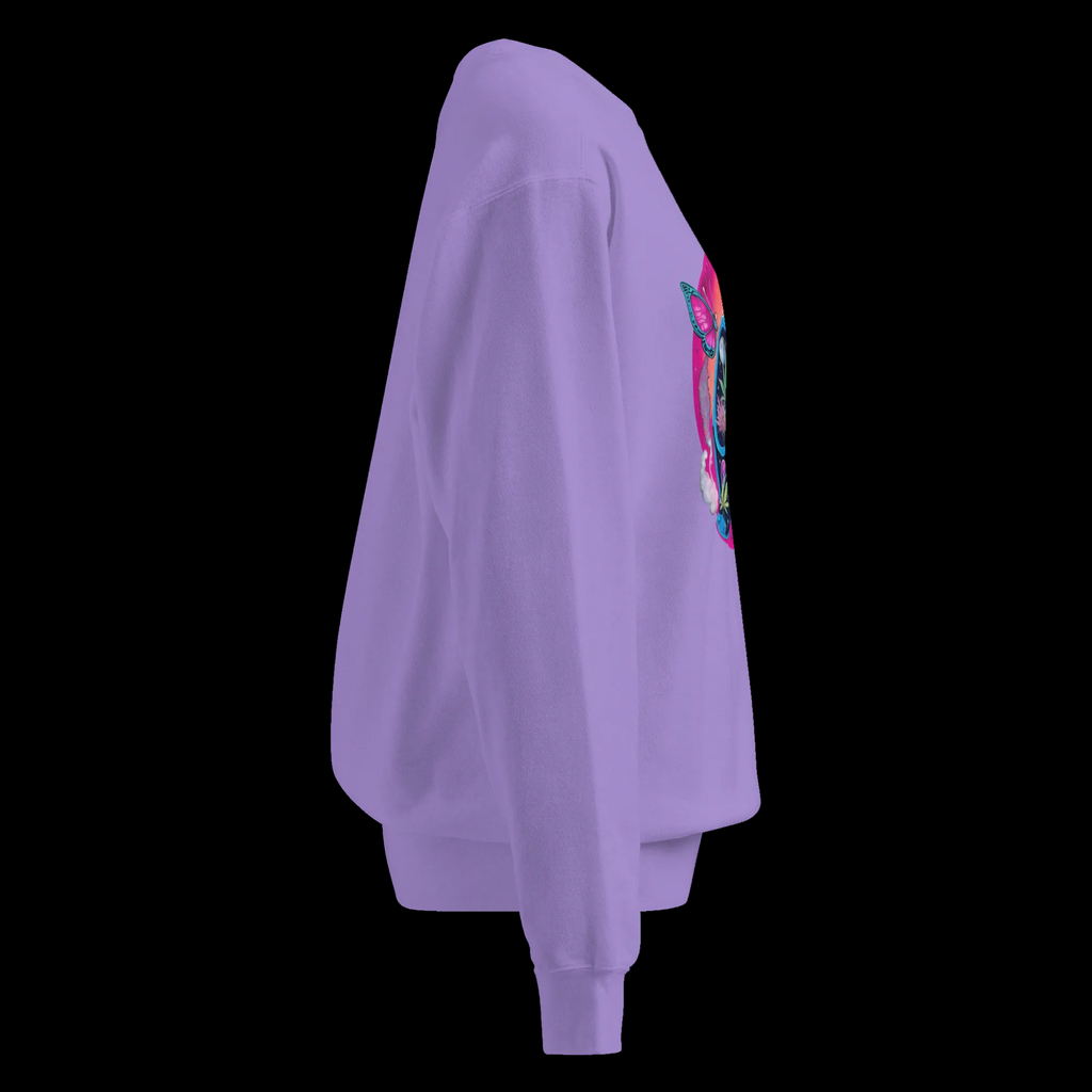 Right-side view of the Violet Butterfly Lungs unisex sweatshirt highlighting its relaxed fit and garment-dyed finish.