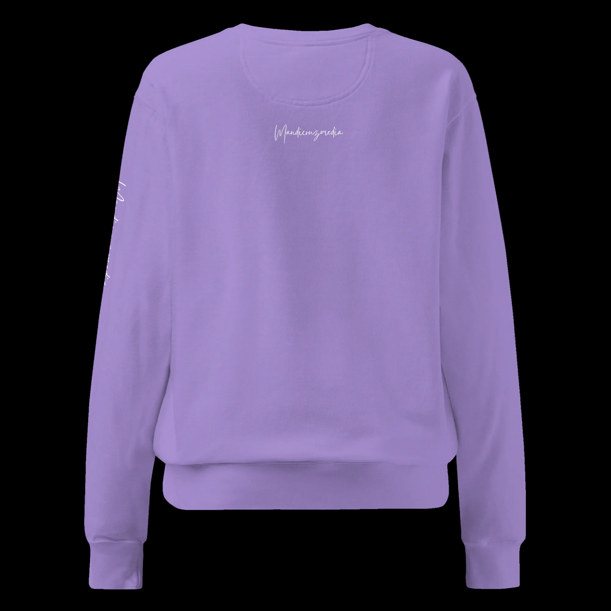 Back view of the Violet Butterfly Lungs unisex sweatshirt featuring the small white Mandi Cruz Media signature below the neckline.