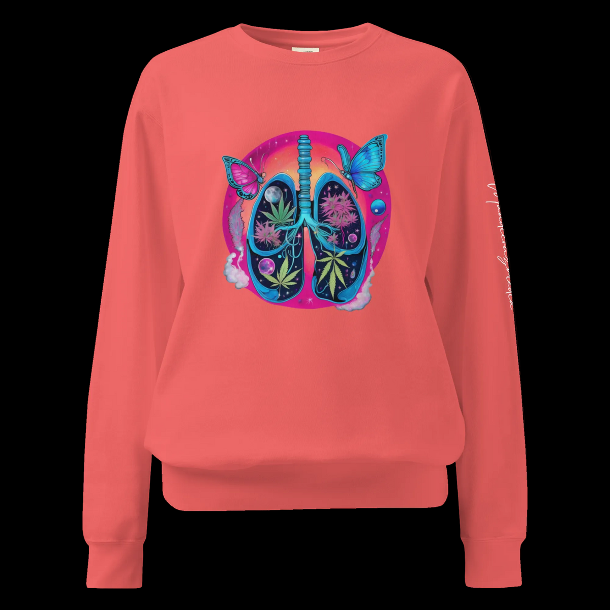 Front view of the Watermelon Butterfly Lungs unisex sweatshirt featuring vibrant lungs, butterflies and botanical details.