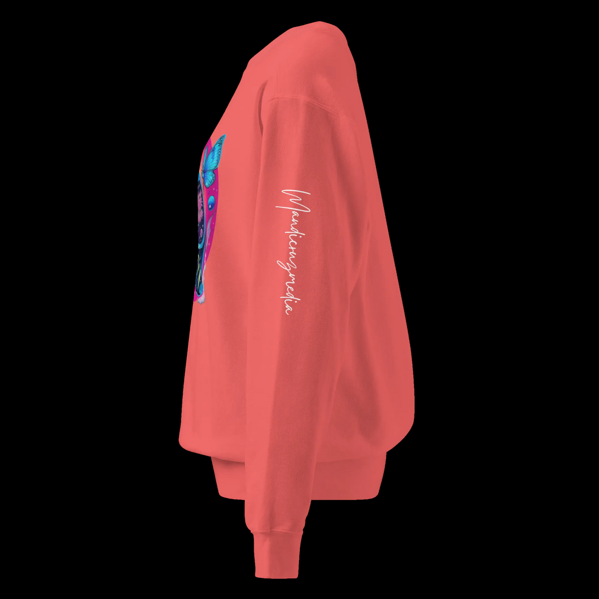 Left-side view of the Watermelon Butterfly Lungs sweatshirt featuring the white Mandi Cruz Media sleeve signature.